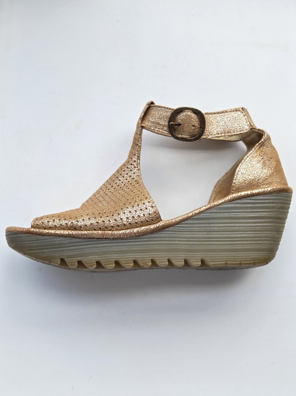 Fly London Rose-Gold Bronze Metallic Perforated Wedge Sandals Sz 38/8 Ankle Stra